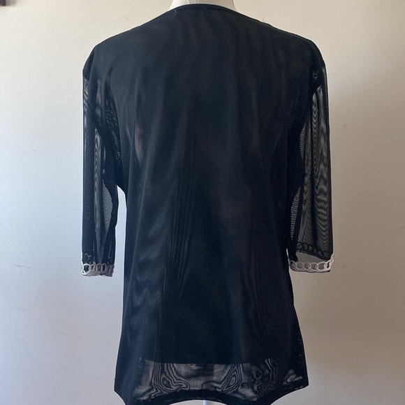 First Choice women’s elbow sleeve scoop neck sheer crochet accent sequins top - Picture 6 of 13